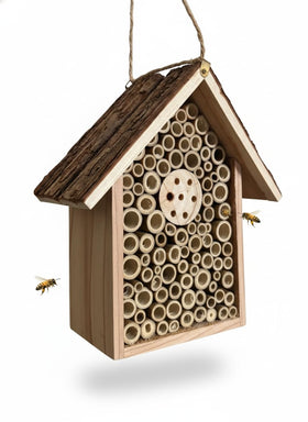 Pollen Patch Redwood Mason Bee House front view; natural nesting cavities for pollinators.