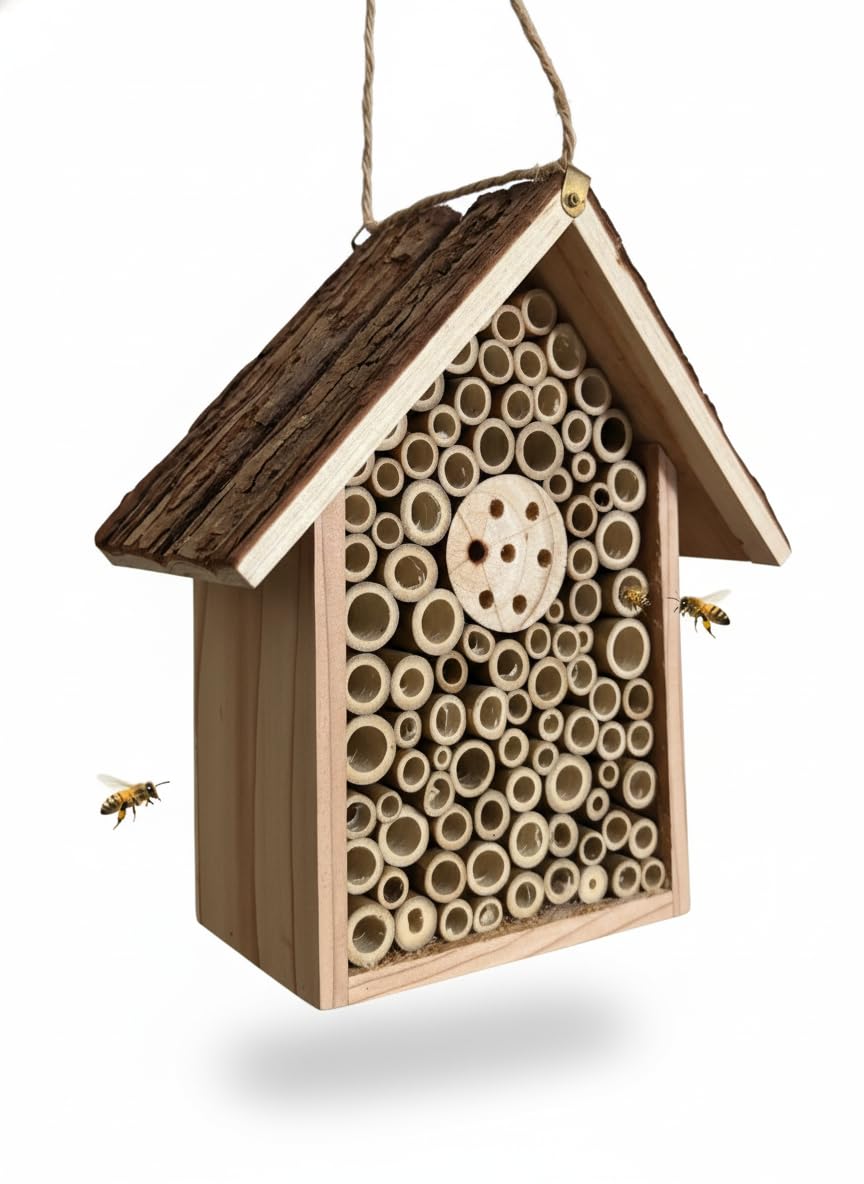 Pollen Patch Redwood Mason Bee House front view; natural nesting cavities for pollinators.