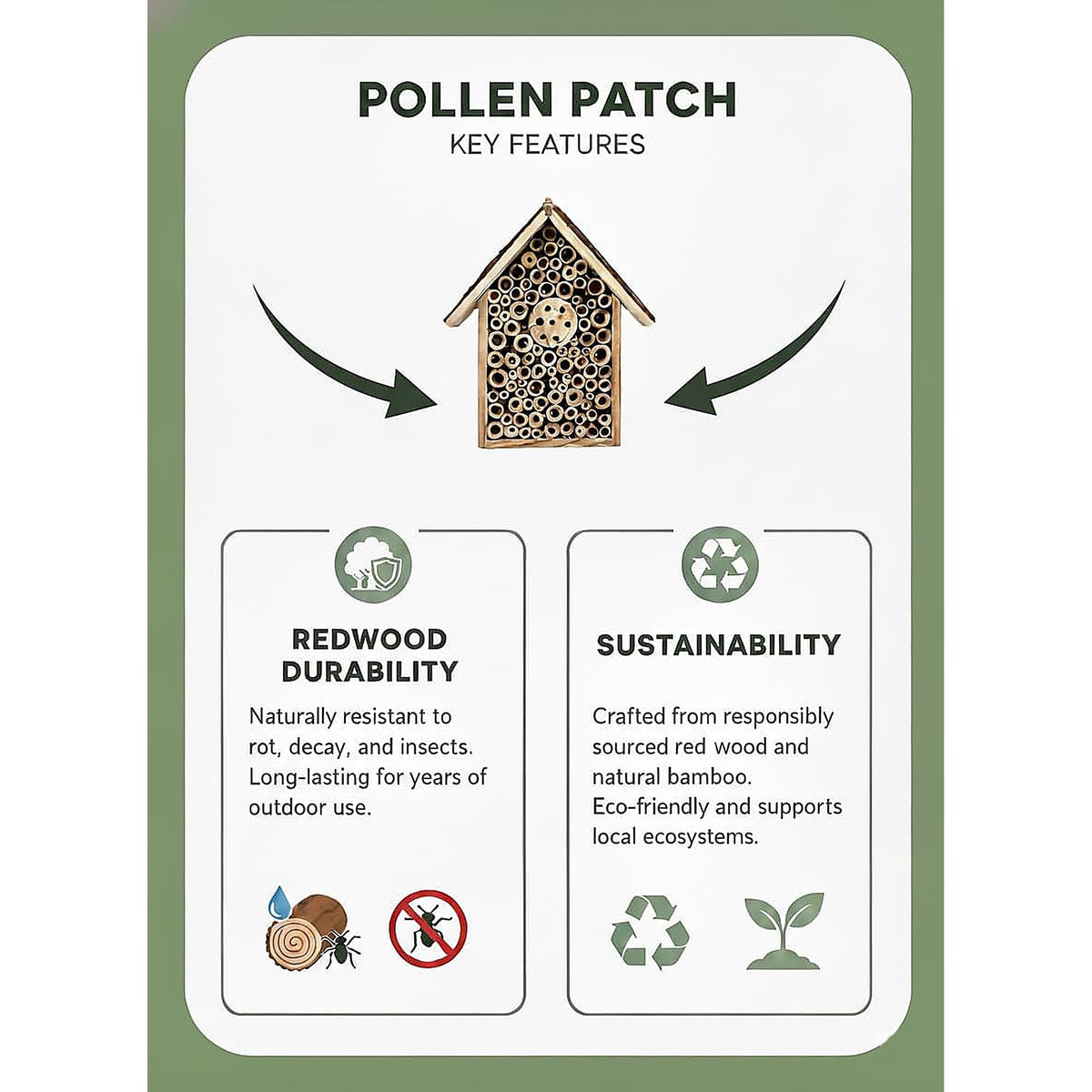 Pollen Patch Redwood Mason Bee House hanging rope; easy outdoor mounting option.
