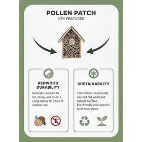 Pollen Patch Redwood Mason Bee House hanging rope; easy outdoor mounting option.