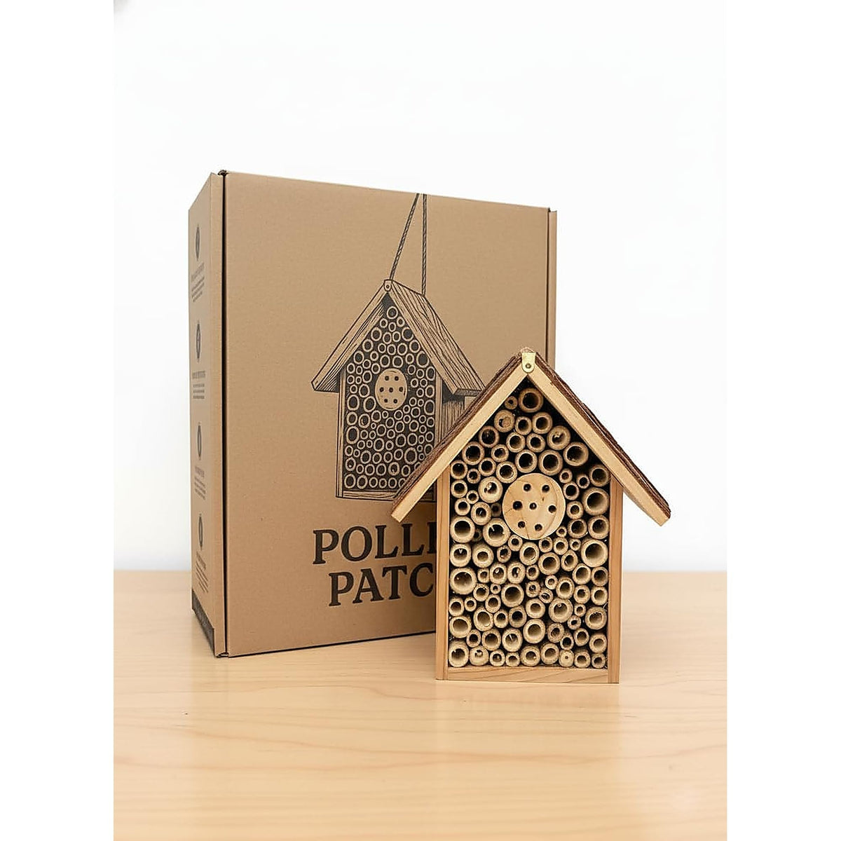 Pollen Patch Redwood Mason Bee House roof detail; angled roof protecting nesting tubes.