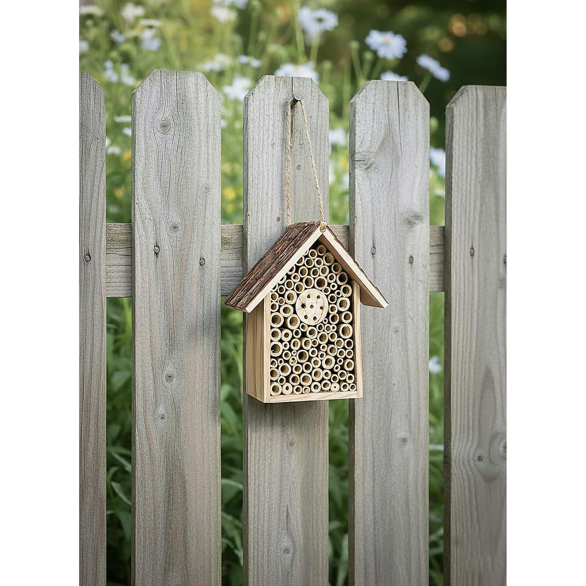 Pollen Patch Redwood Mason Bee House side view; shows sturdy wood and natural fit.