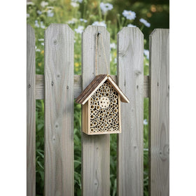 Pollen Patch Redwood Mason Bee House side view; shows sturdy wood and natural fit.