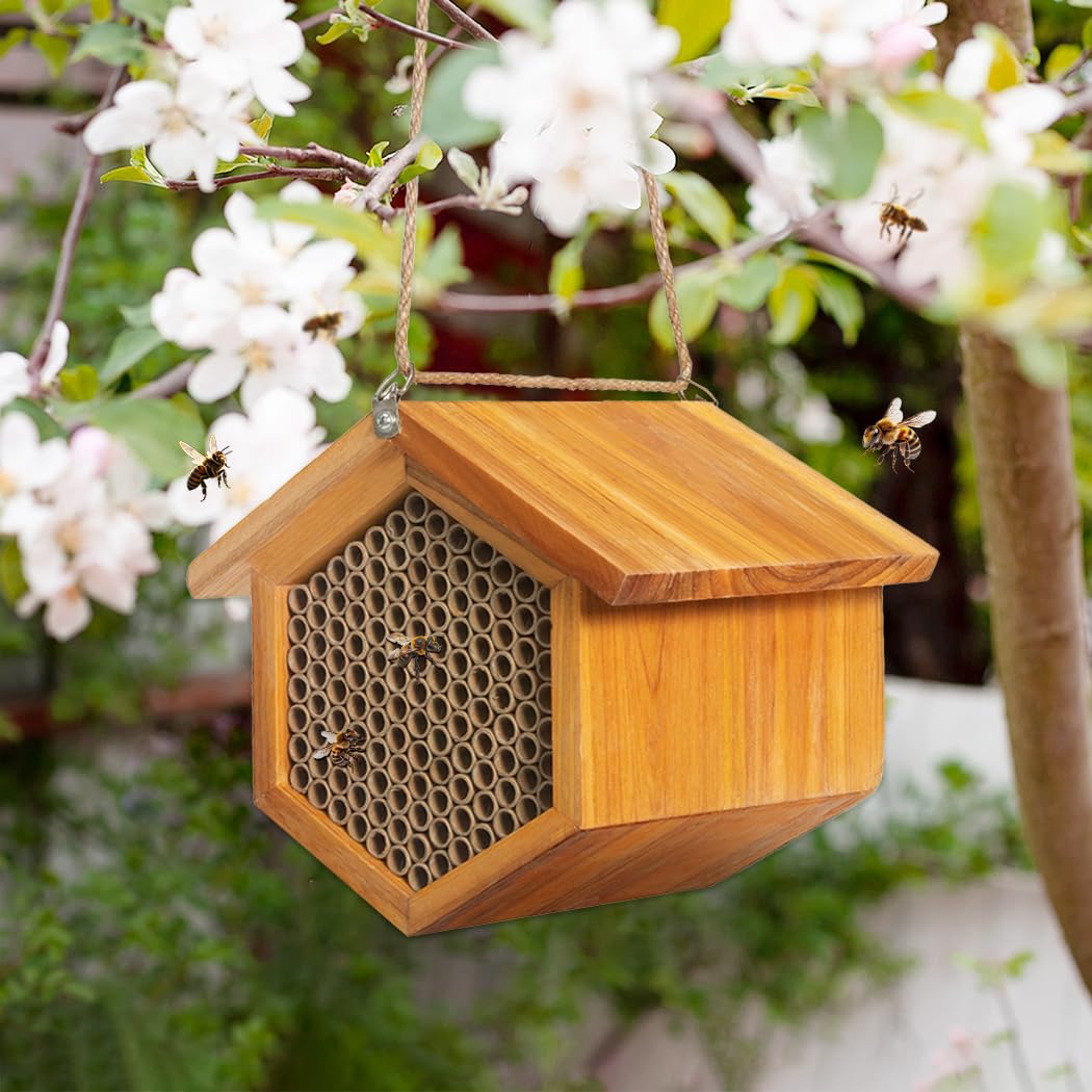 Assembled POLLIBEE mason bee nest with stainless steel clasp for easy mounting.
