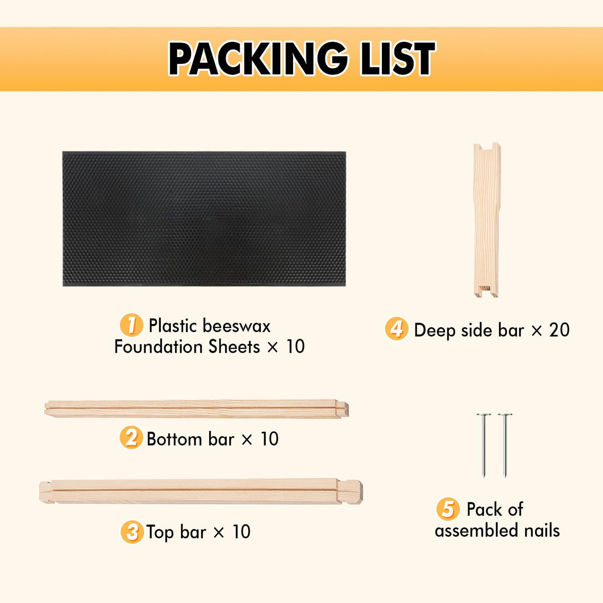 Pollibee assembly-ready frames with included nails for fast hive setup.