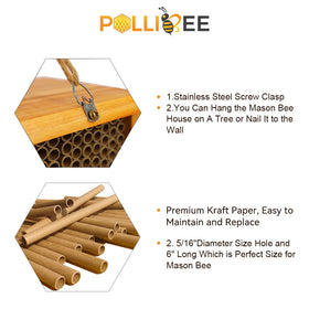 POLLIBEE Mason Bee Hotel closeup emphasizes 5/16 inch nesting tubes for bees