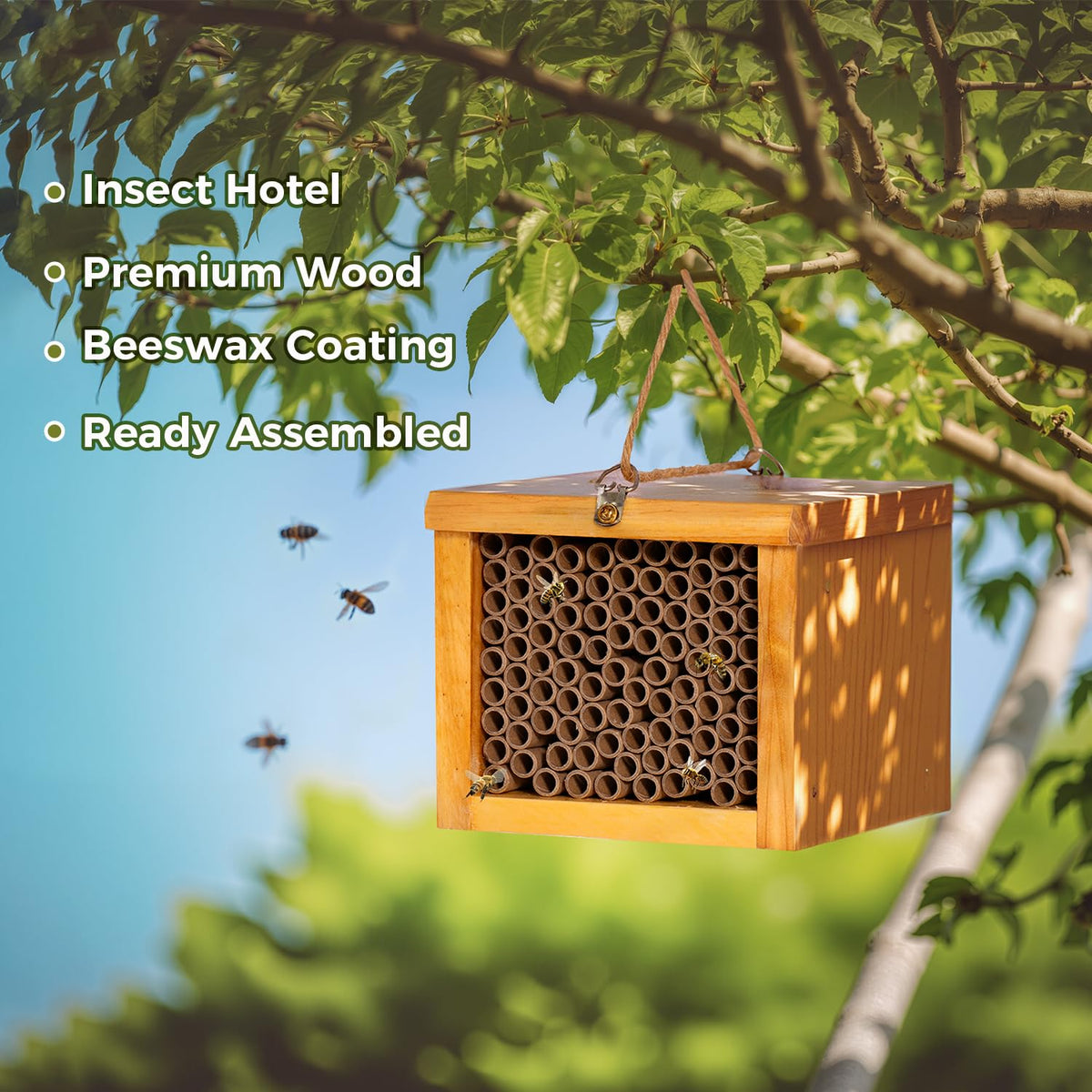 POLLIBEE Mason Bee House side view highlighting natural wood and secure mounting options
