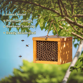 POLLIBEE Mason Bee House side view highlighting natural wood and secure mounting options