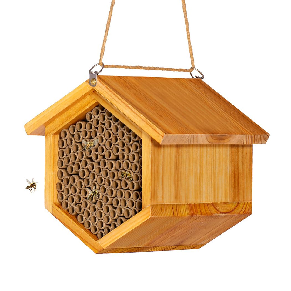 POLLIBEE Mason Bee House with wax coating provides weatherproof habitat for pollinators.