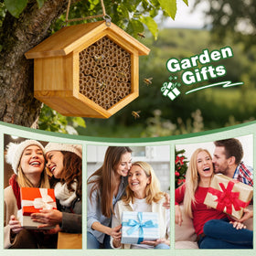 Natural handmade wooden bee hotel by POLLIBEE boosts garden biodiversity.