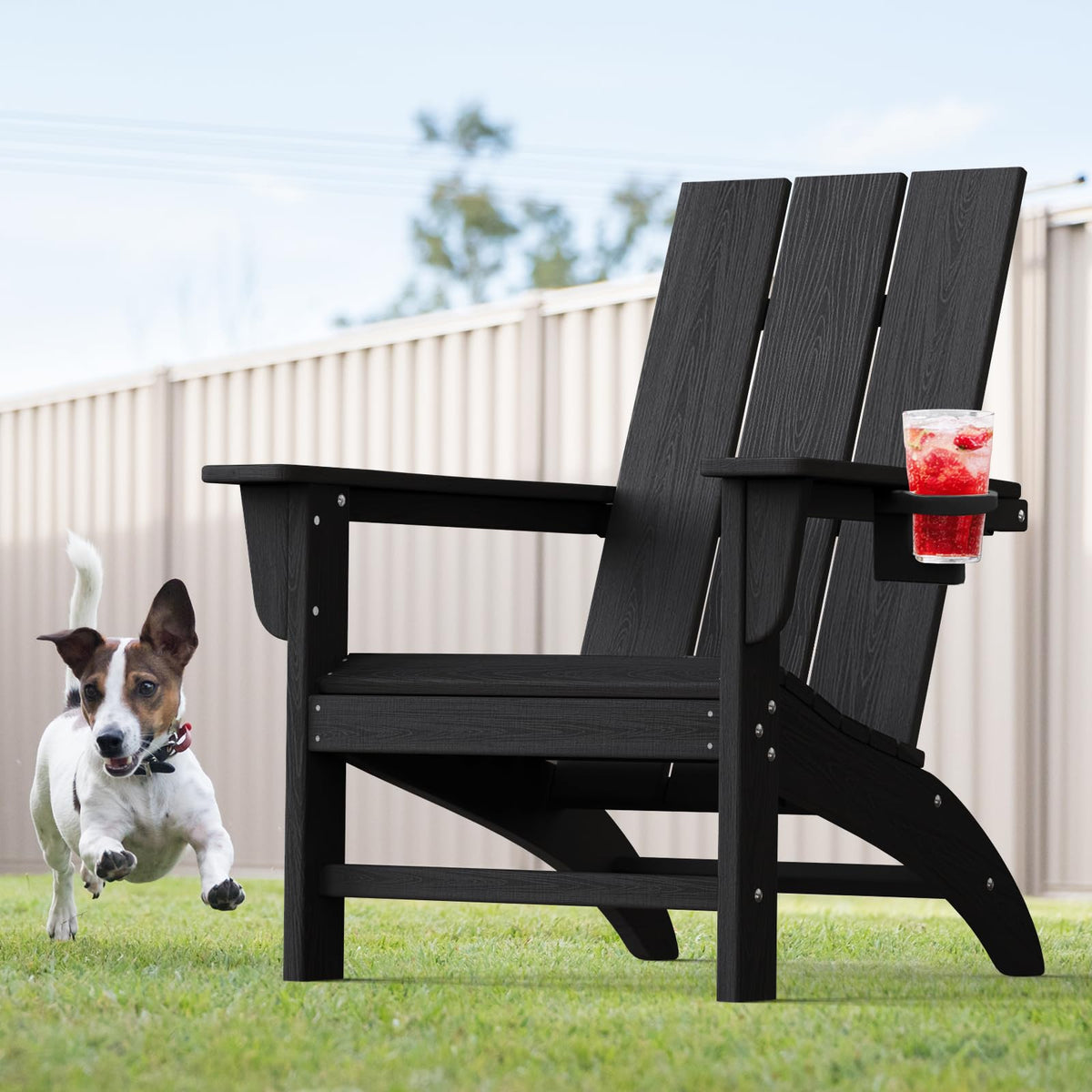 POLYDUN Modern Adirondack Chair with cup holder, faux wood grain for stylish outdoor lounging