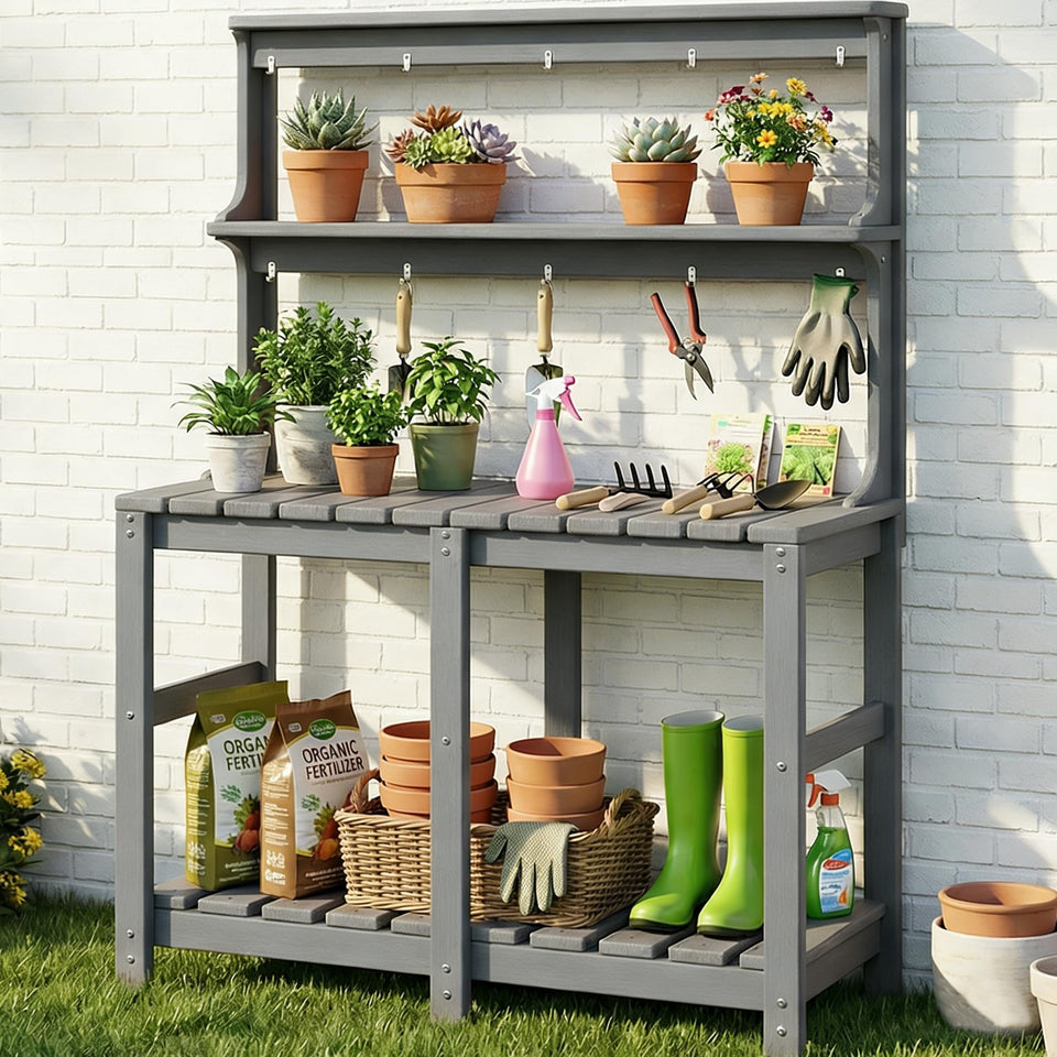 Polyhouz outdoor potting bench with three tiers and hooks for organized gardening.