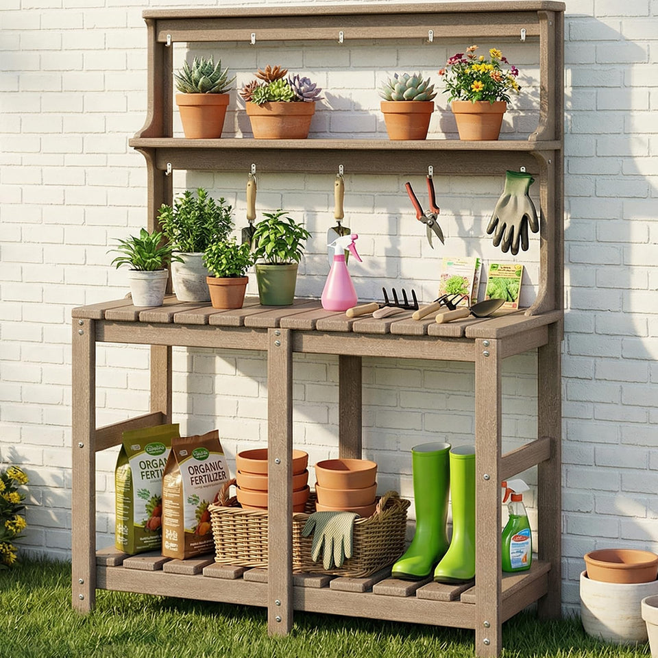 Polyhouz Outdoor Potting Bench with 3 tiers keeps gardening tools organized.