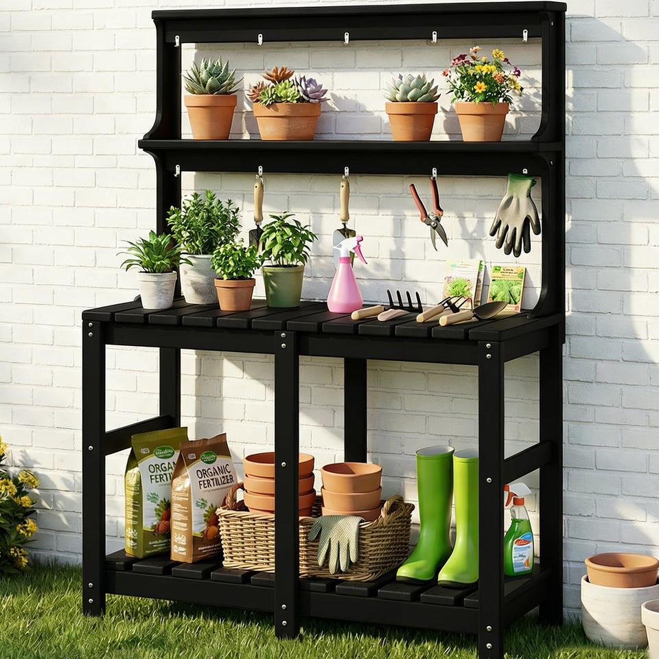 Polyhouz outdoor potting bench with 3 tier design keeps seedling prep organized
