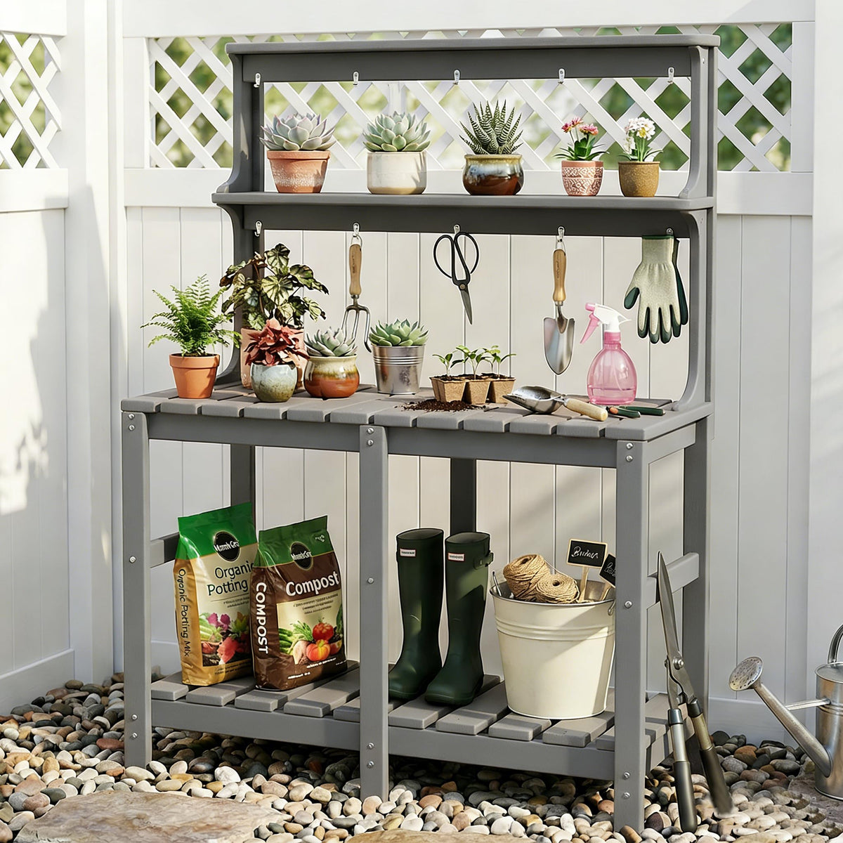 Polyhouz potting bench showing weather-resistant HDPE material for all-weather use.