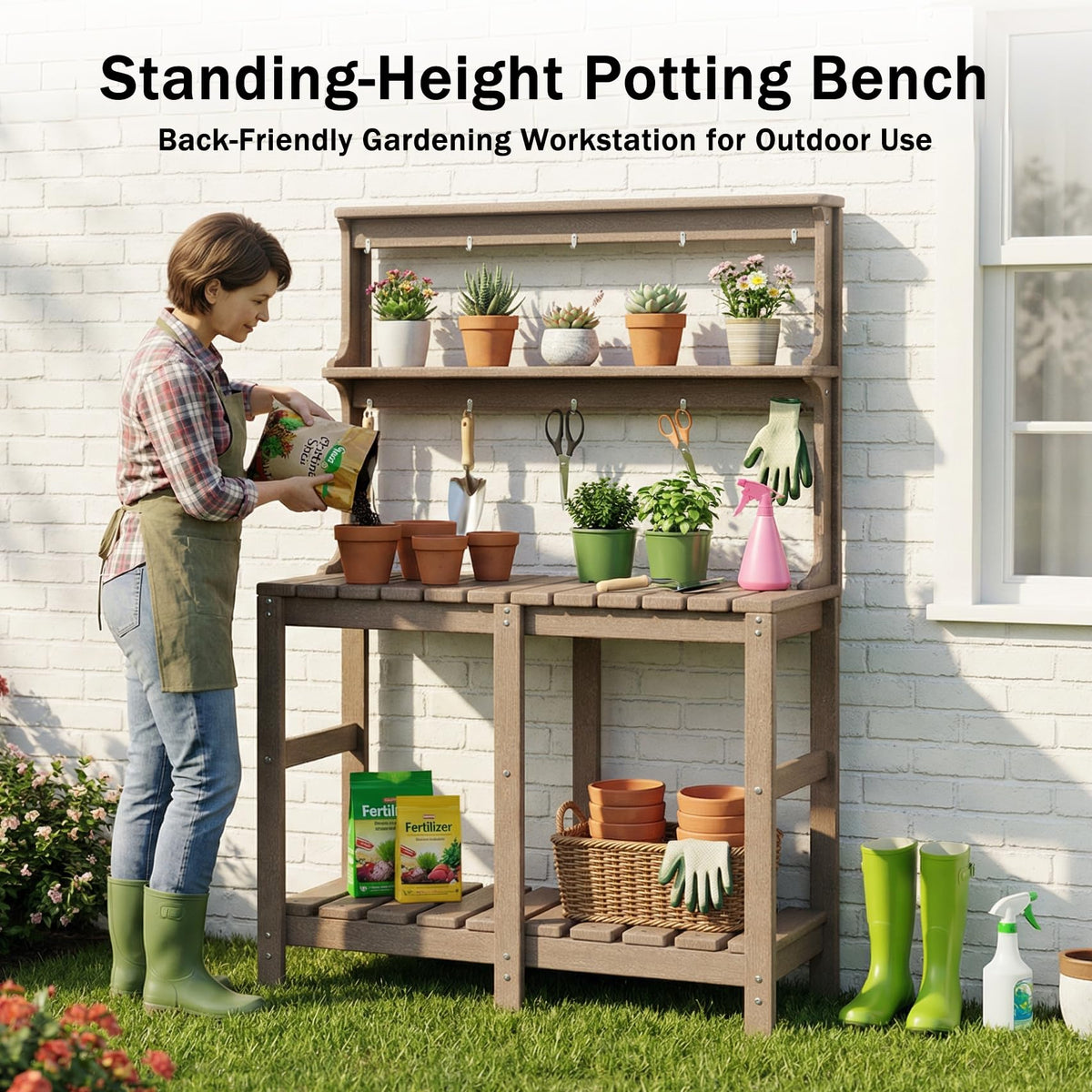 Polyhouz Outdoor Potting Bench lower shelf provides extra storage for pots and baskets.
