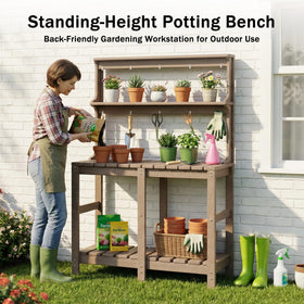 Polyhouz Outdoor Potting Bench lower shelf provides extra storage for pots and baskets.