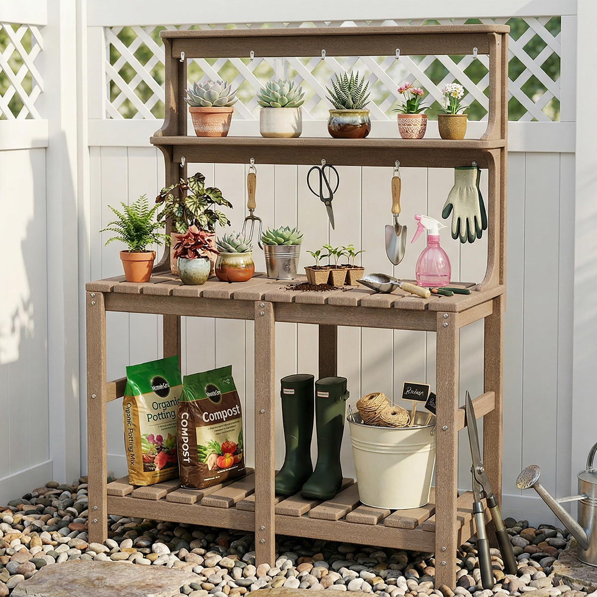 Polyhouz Outdoor Potting Bench hooks: convenient tool hooks for gloves, pruners, and scissors.