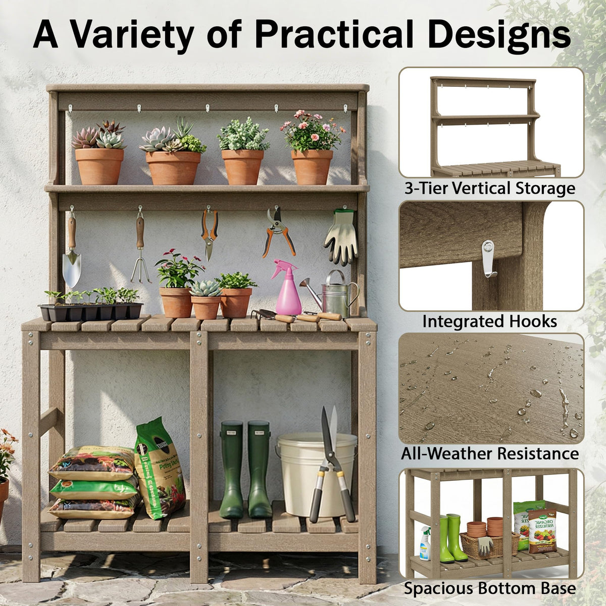 Polyhouz Outdoor Potting Bench work surface shows spacious area for pots and soil.