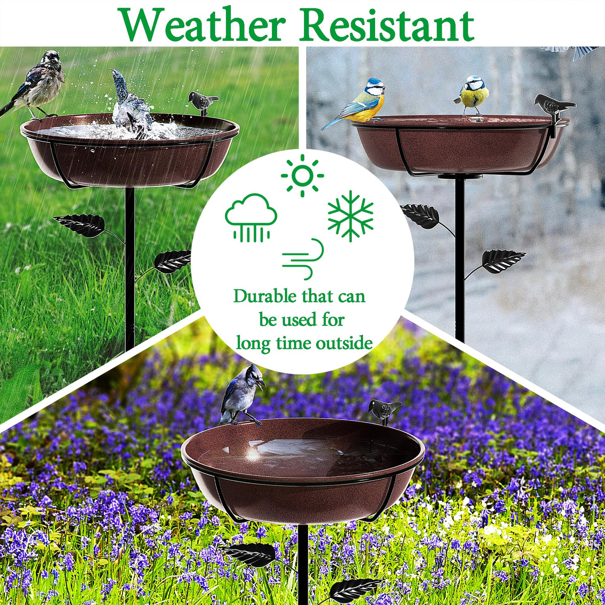 Polyjkl birdbath can double as a gentle bird feeder with seasonal seeds nearby.