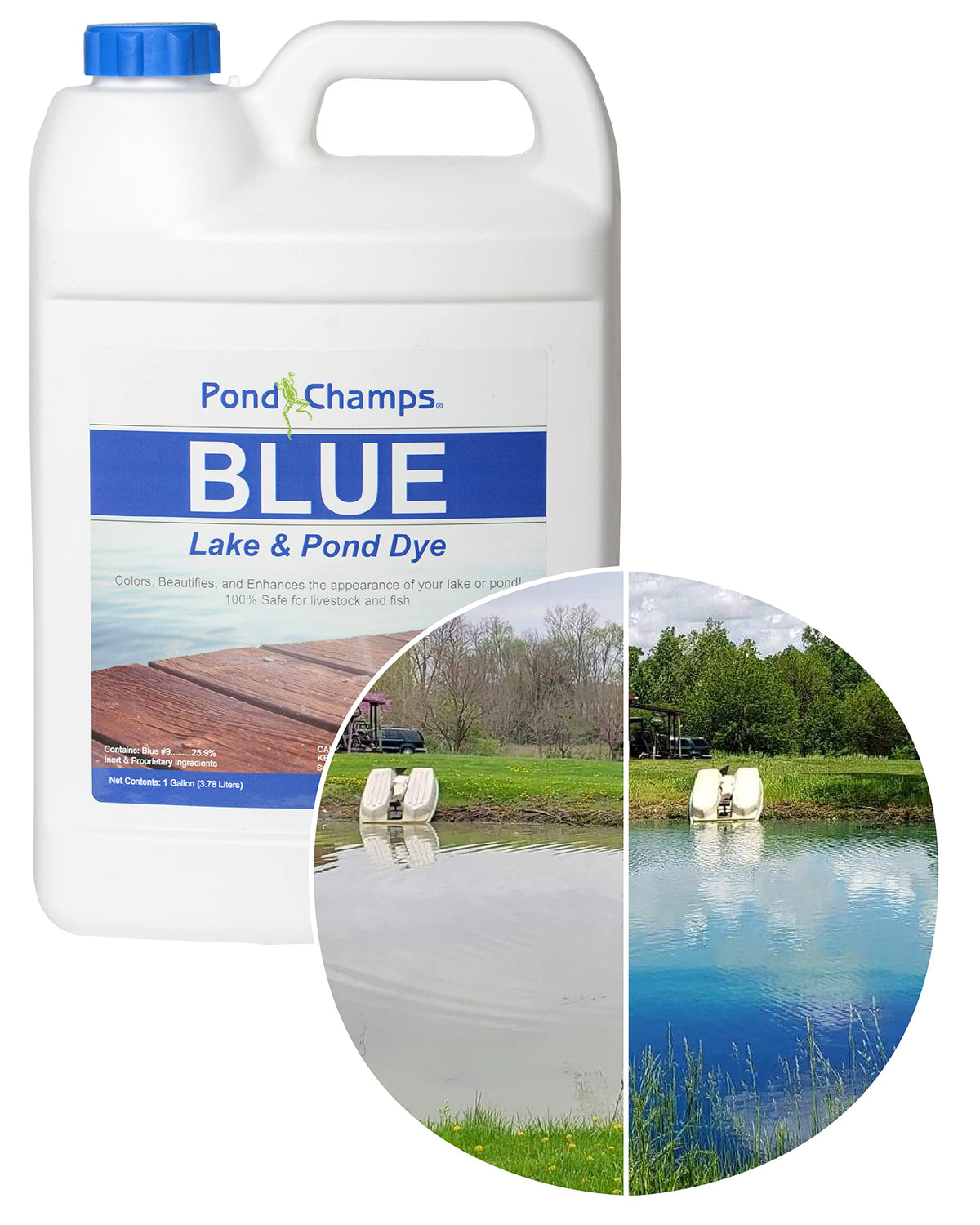 Pond Champs Blue Lake Dye bottle highlighting vibrant blue color for ponds