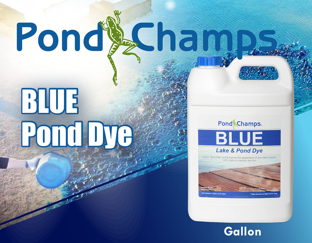 Pond Champs Blue Lake Dye pour action showing color release in water features