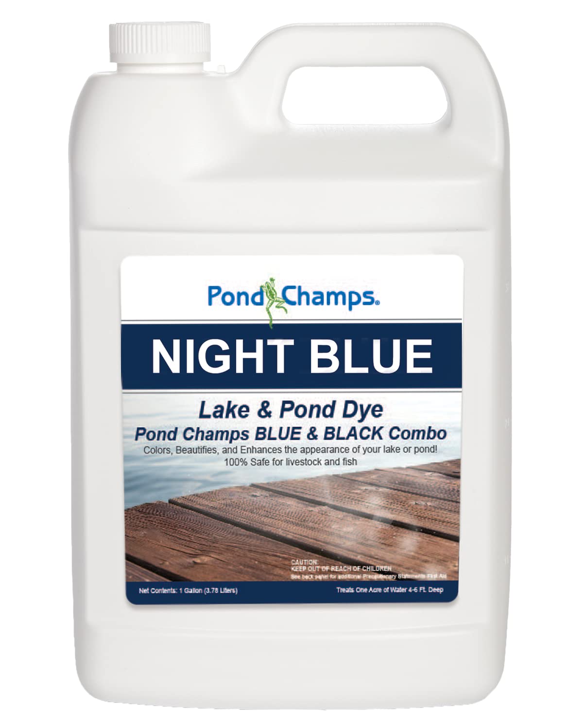 Pond Champs Night Blue Dye bottle ready for pond color enhancement.