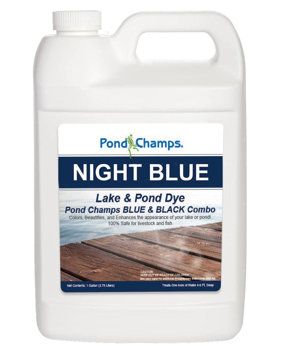 Pond Champs Night Blue Dye bottle ready for pond color enhancement.