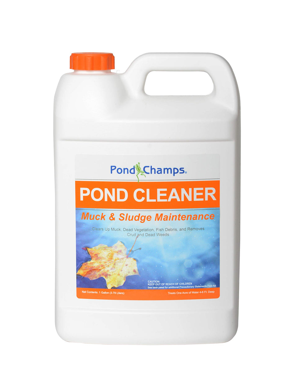 Pond Champs Pond Cleaner bottle shown, safely breaks muck for koi and goldfish ponds.
