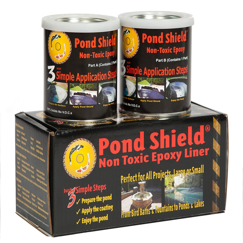 Pond Shield gray epoxy paint in a tin for durable pond waterproofing.