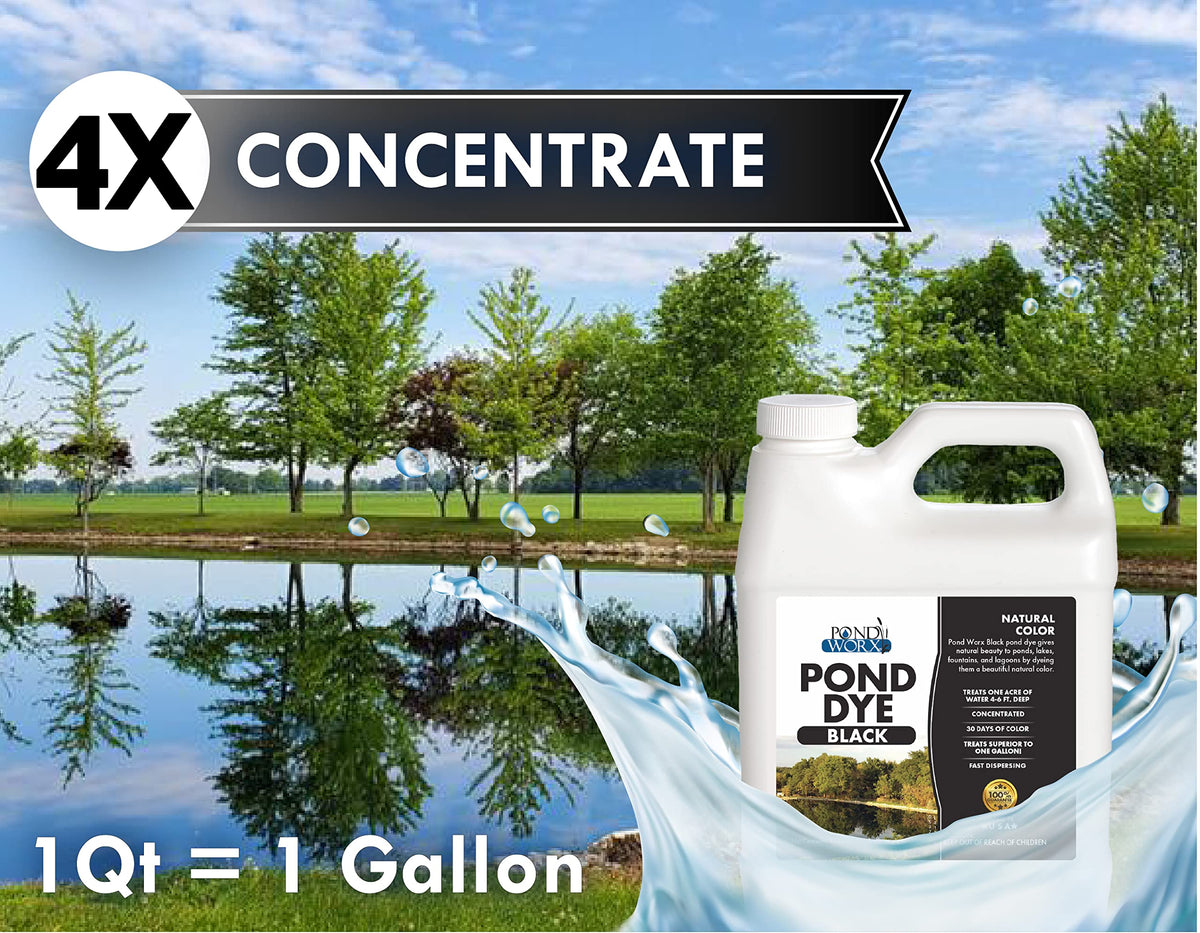 Pond Worx Black Dye graphic shows one quart treats about one acre