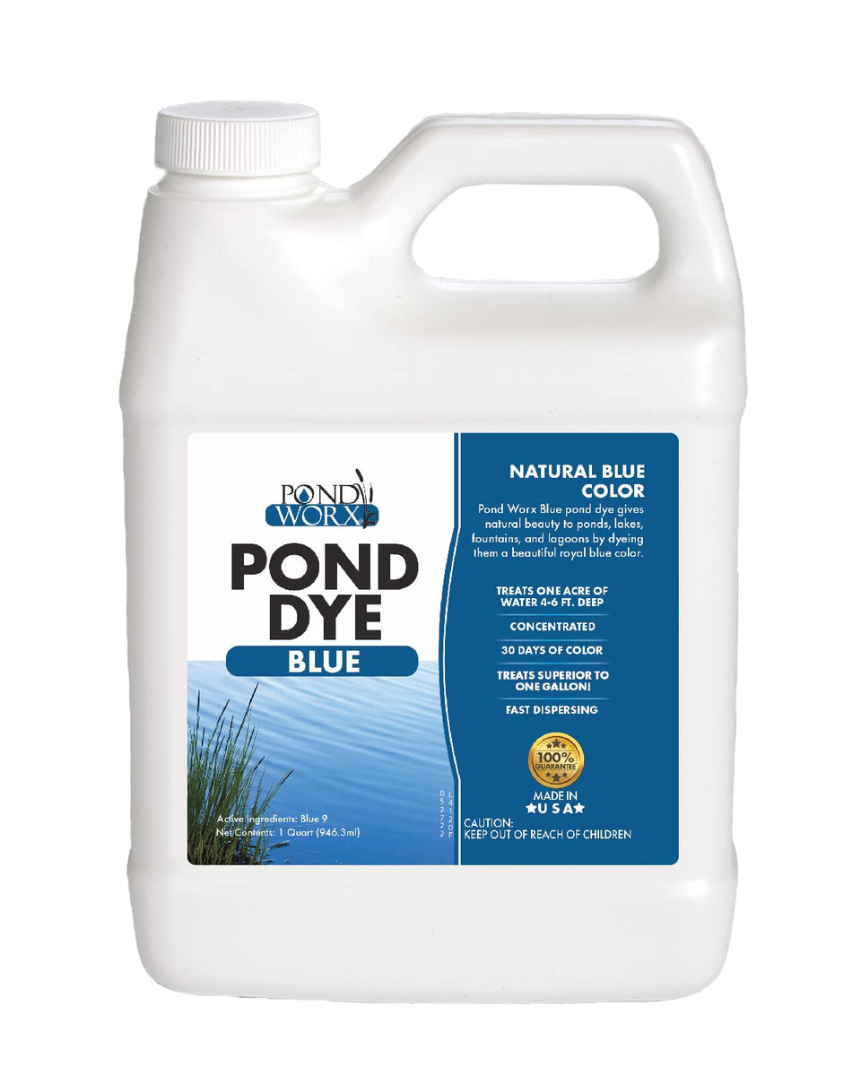 Pond Worx blue lake dye bottle ready to enhance pond color