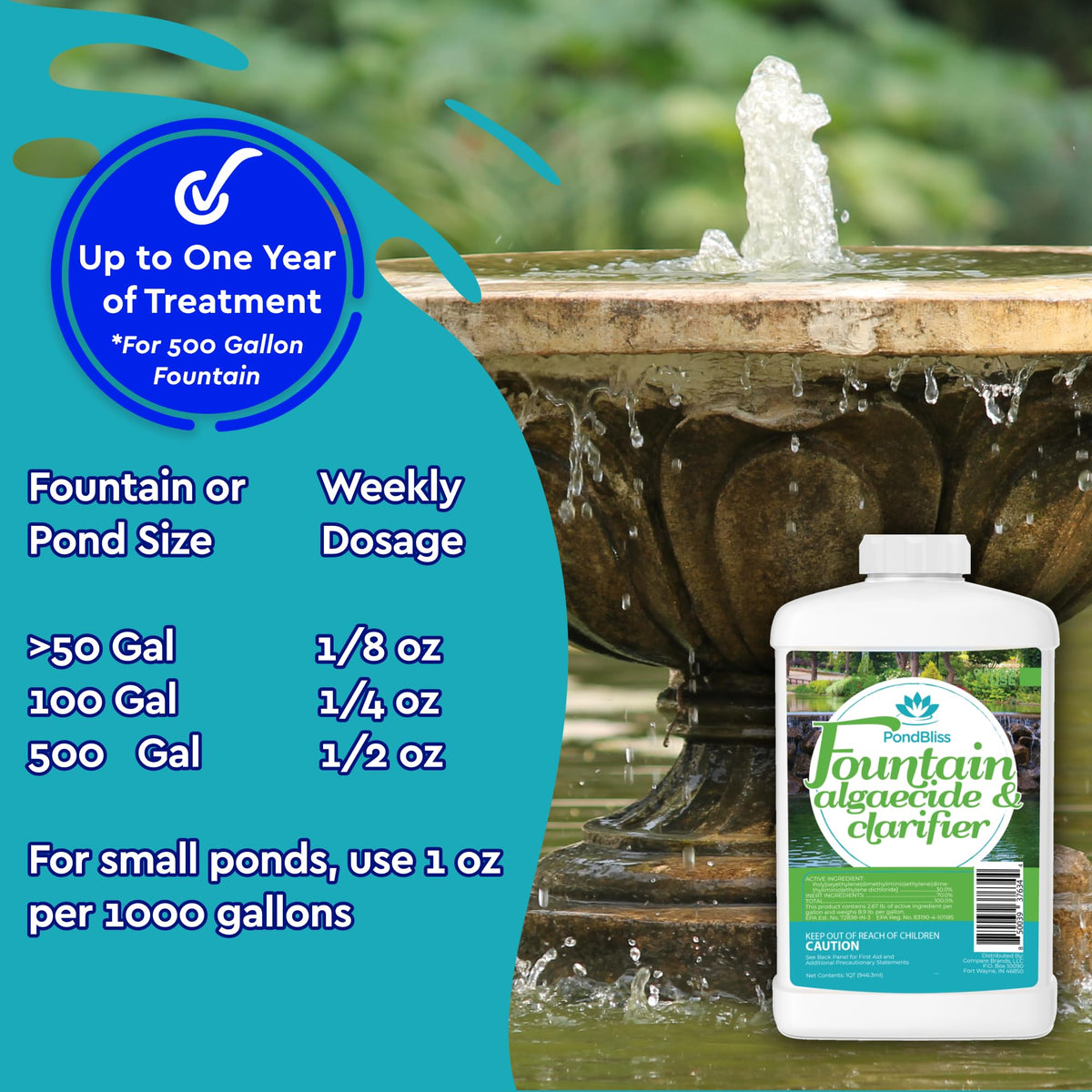 PondBliss 32oz bottle-label highlights year-round fountain protection.