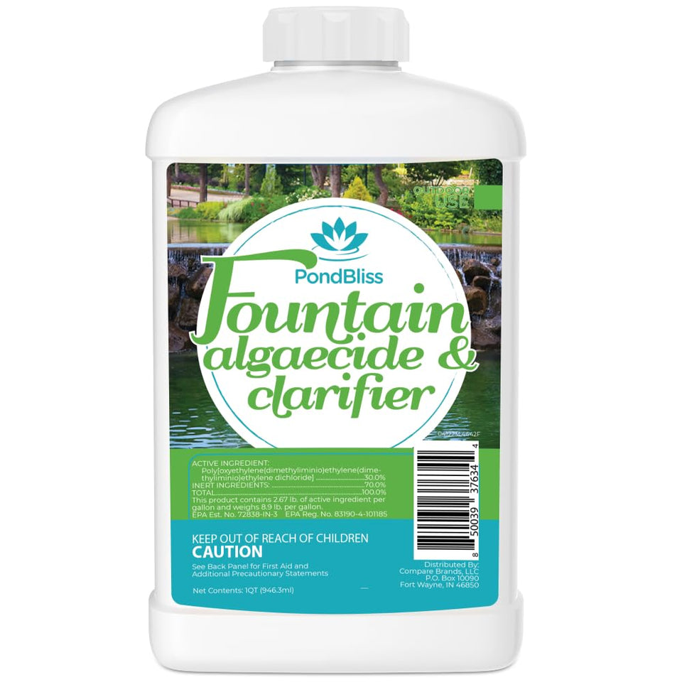 PondBliss Algaecide bottle-clarity demonstrates ready-to-use algae control for fountains.