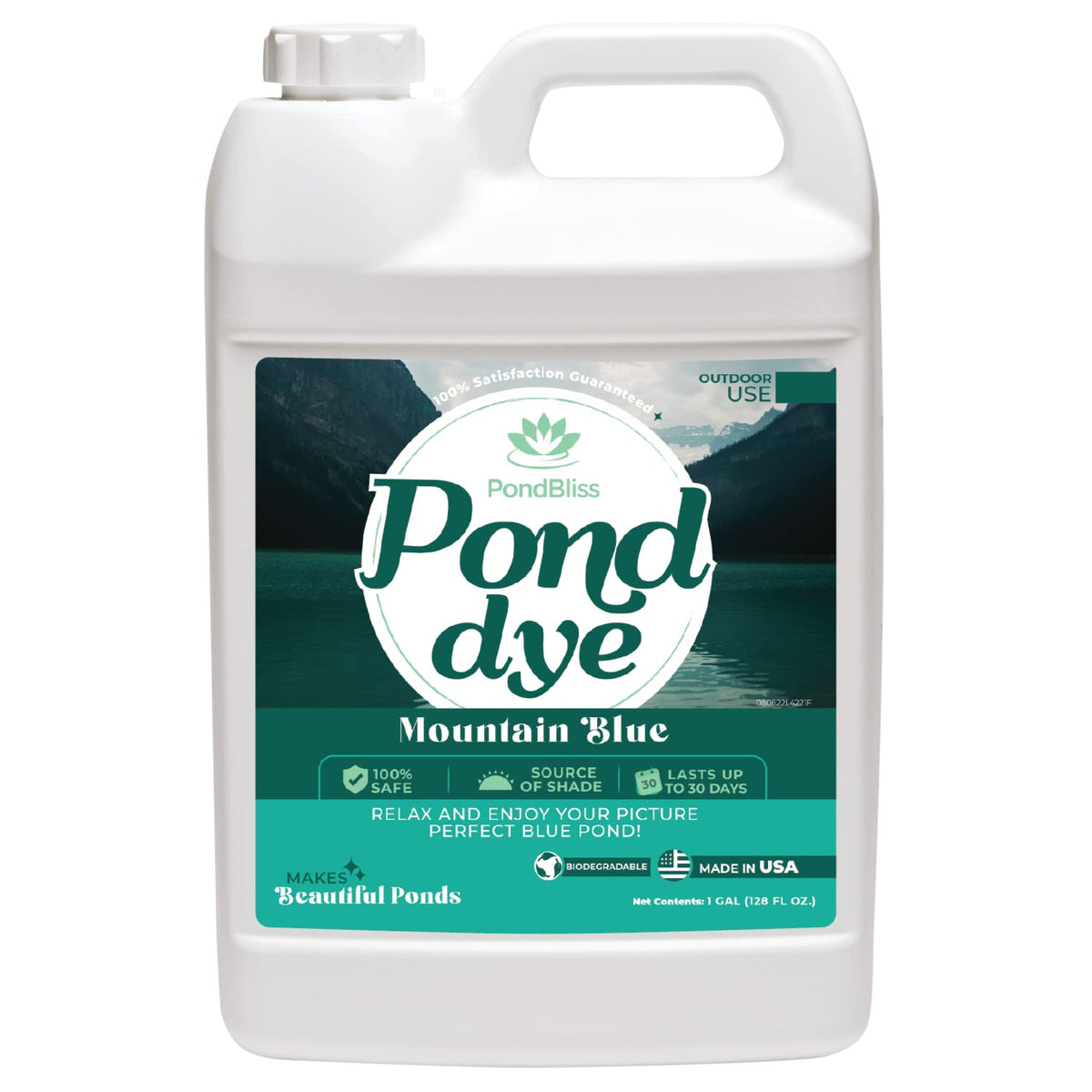 PondBliss Mountain Blue Dye bottle elevates a large pond with rich color.