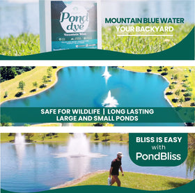PondBliss Mountain Blue professional-grade dye for lakes and ponds.