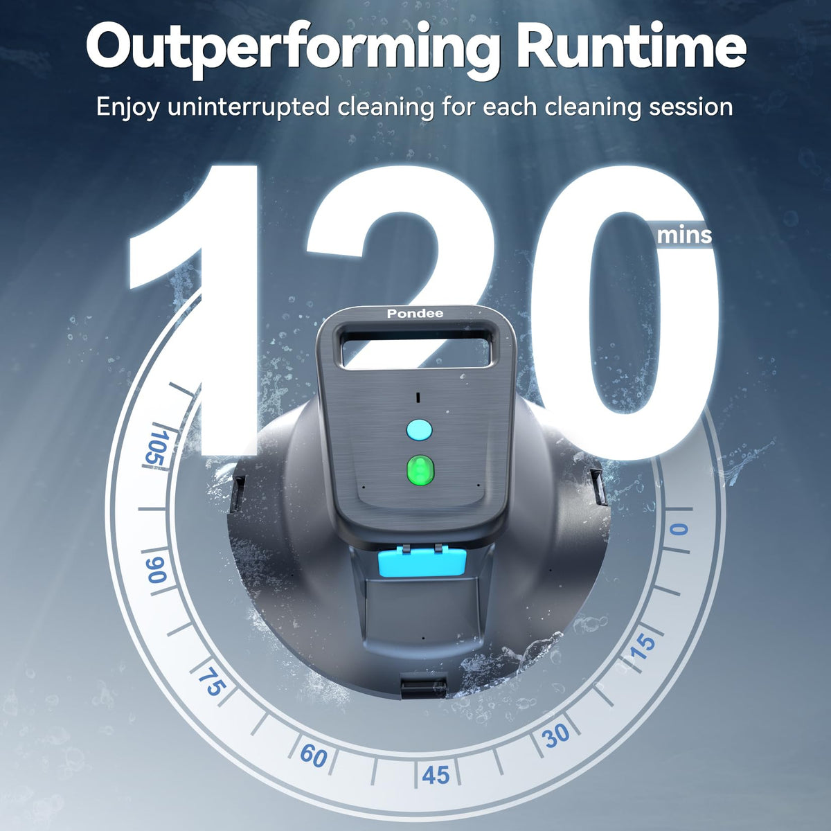 Pondee X1 120-minute runtime powering extended pool sessions.