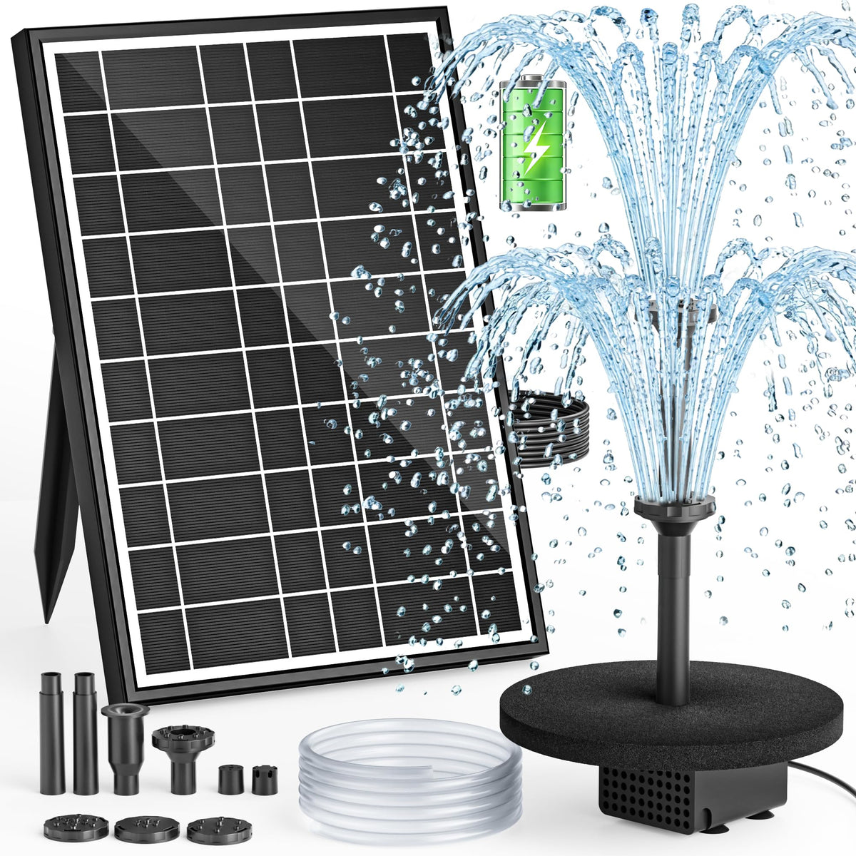 PONDIA solar fountain panel powering a garden water feature with bright sun
