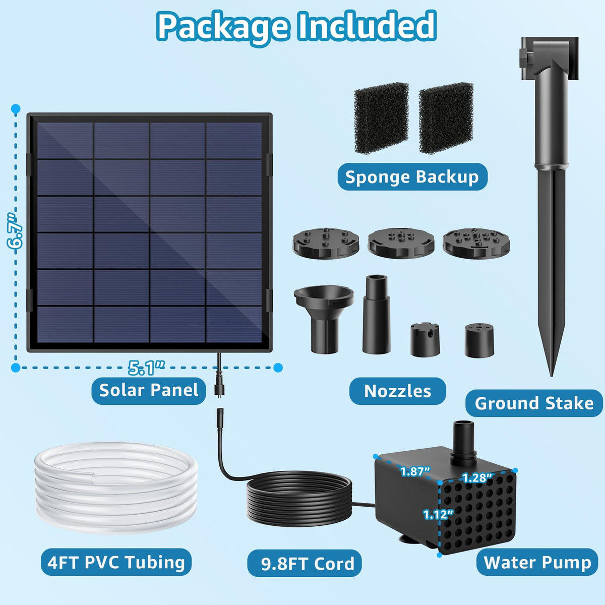 PONDIA solar fountain pump shows a 4ft hose for flexible installation and streams.
