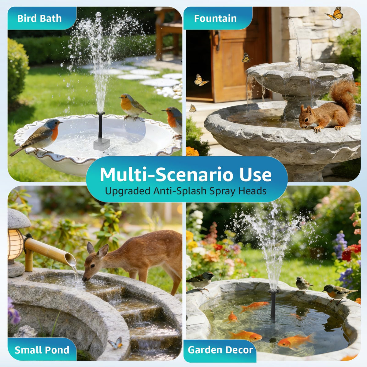 PONDIA solar fountain pump demonstrates five spray modes for garden features.