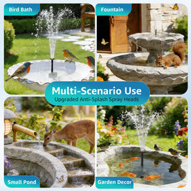PONDIA solar fountain pump demonstrates five spray modes for garden features.