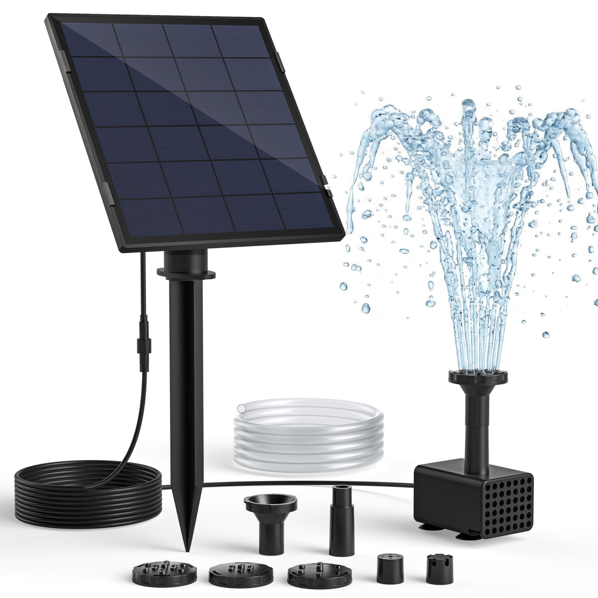 PONDIA solar fountain pump in a bird bath delivering gentle spray for birds.