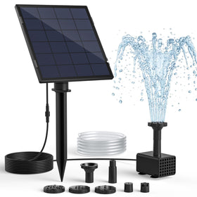 PONDIA solar fountain pump in a bird bath delivering gentle spray for birds.