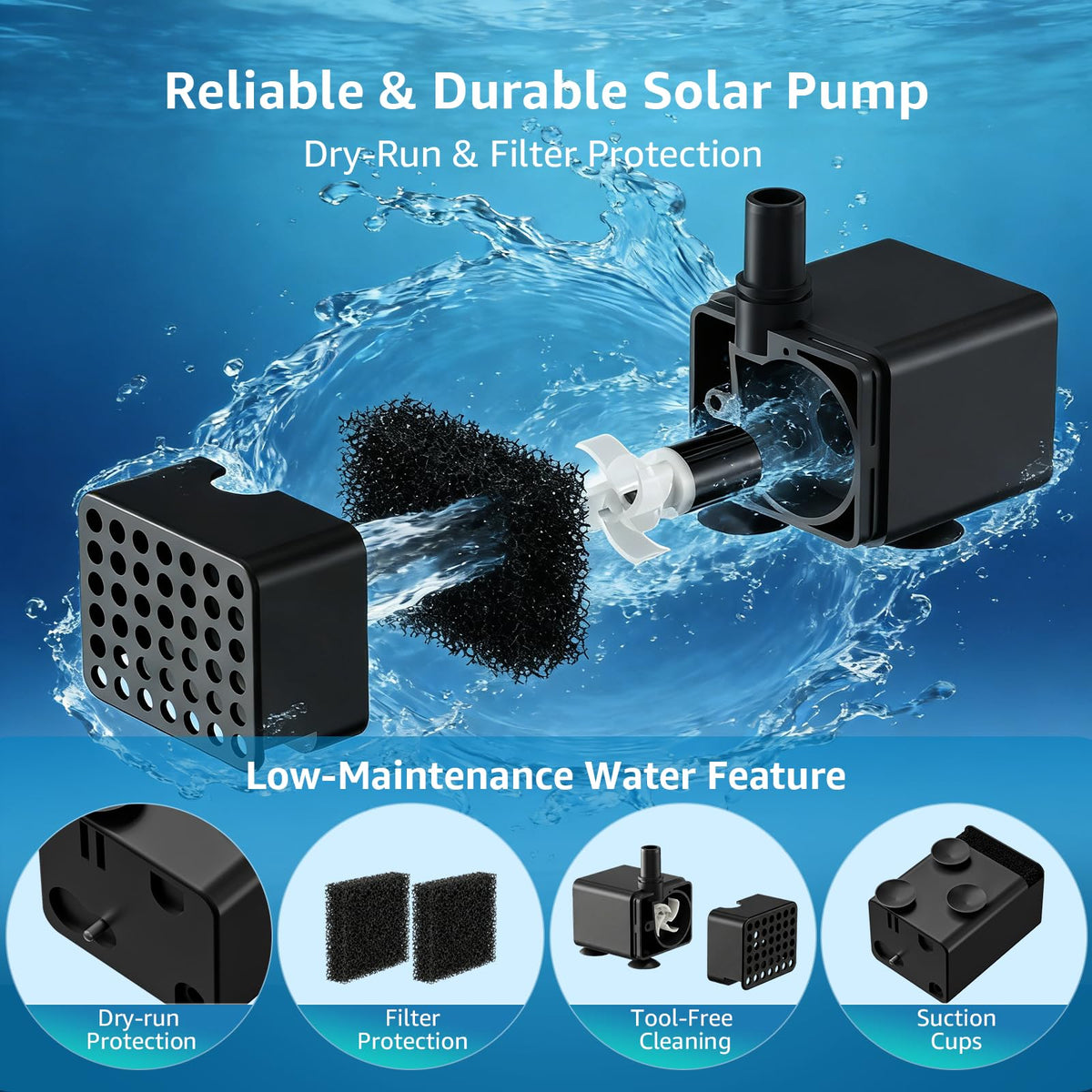 PONDIA solar fountain pump powers a small pond with circulating water.