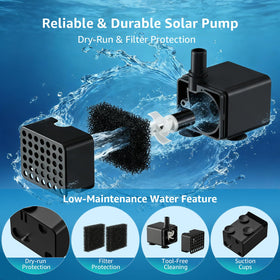 PONDIA solar fountain pump powers a small pond with circulating water.