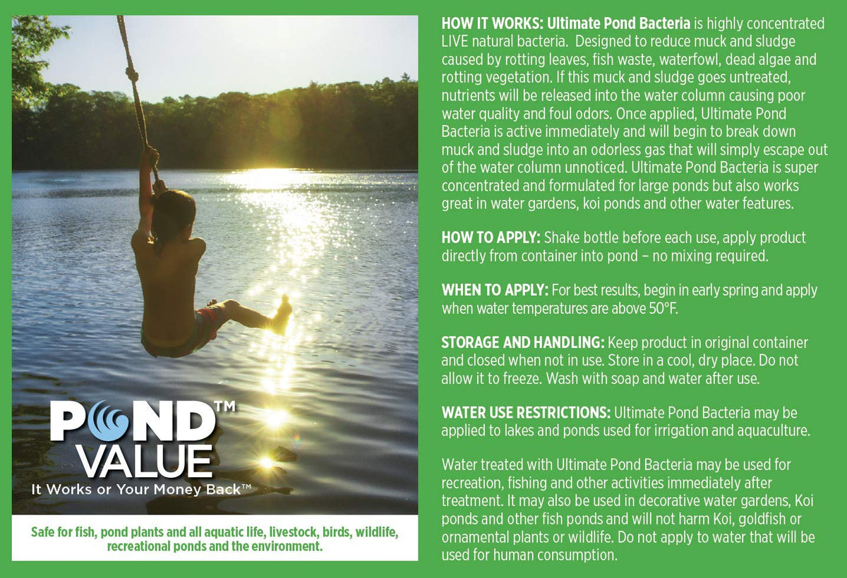 PondValue Ultimate Pond Bacteria label close-up showing directions