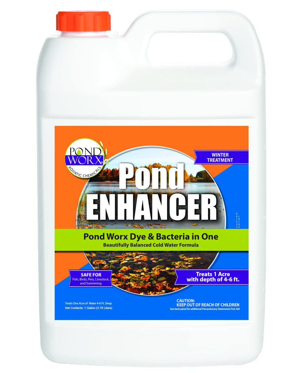 Pond Worx Pond Enhancer bottle shows royal blue dye for vibrant color and shade.