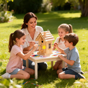 Pontuss DIY Bird House Kit assembly step shows pre-drilled holes for quick, safe setup.