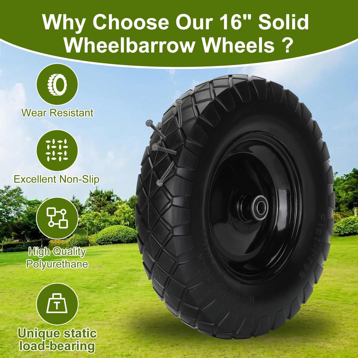 Pontuss solid wheel replaces pneumatic tires to prevent flats during heavy tasks.