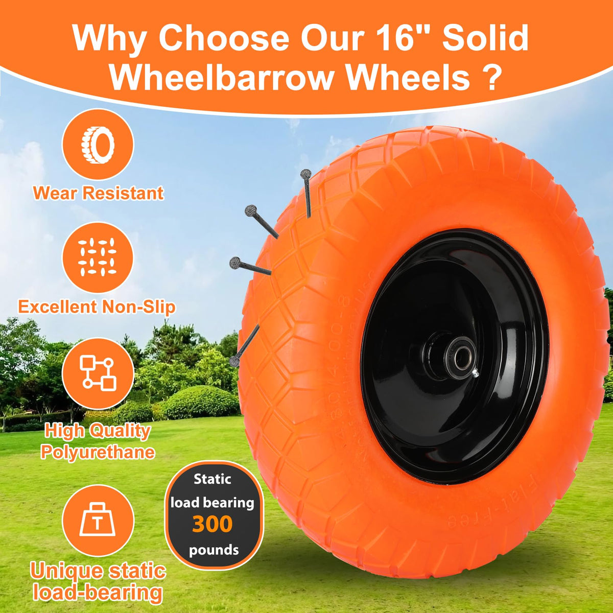 Pontuss universal-fit wheel shown mounted on a garden trailer